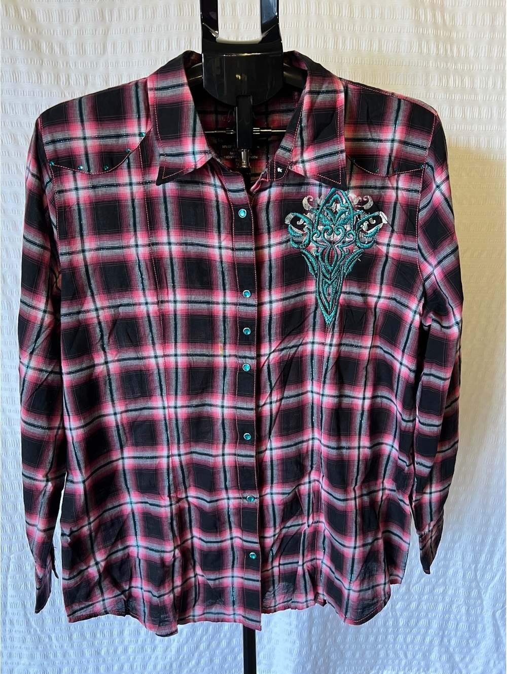 Rock 47 Wrangler XXL Western Snap Shirt Pink Black Plaid Turquoise Embroidered